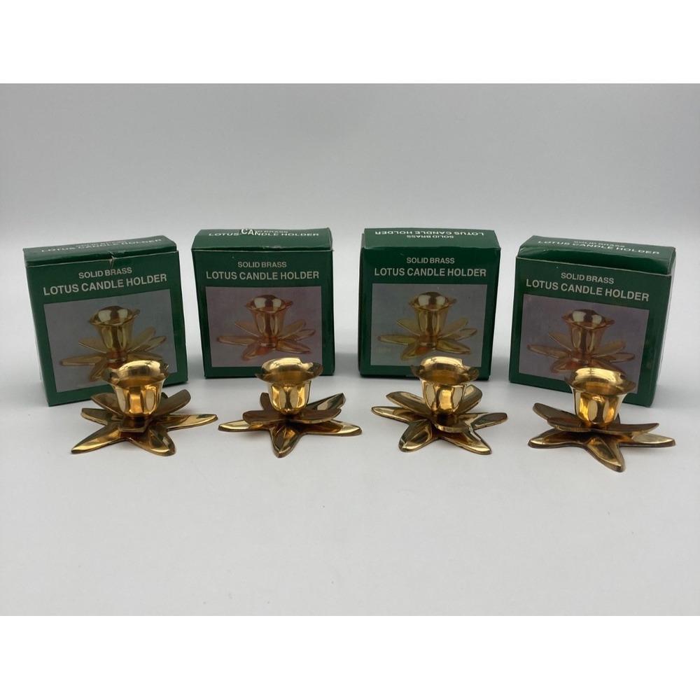 Set of 4 Vintage Solid Brass Lotus Flower Candle Holders Handcrafted India Box